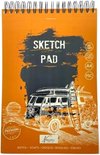 Oranje schetsboek A4 met tekening van busje met surfplanken, tekst "SKETCH PAD".