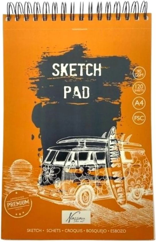 Oranje schetsboek A4 met tekening van busje met surfplanken, tekst "SKETCH PAD".