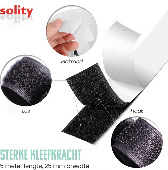 SOLITY® Klittenband Zelfklevend met 2 Gratis Alcoholdoekjes - Velcro - 2x5 Meter - Extra Sterk - Zwart - SOLITY