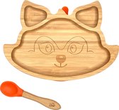Kleiner Fuchs Kinderbord van Bamboe - Bord met zuignap inclusief bijpassende baby lepel - Babyservies in stijlvolle geschenkdoos - Vos