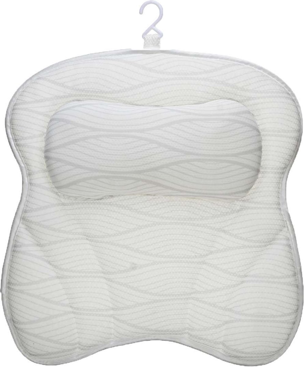 Badkussen Ademend 4D Air Mesh Ergonomisch luxe nekkussen en badkuipkussen, 6 zuignappen, badkussen voor badkuip en thuis, ondersteuning, spa (Wit