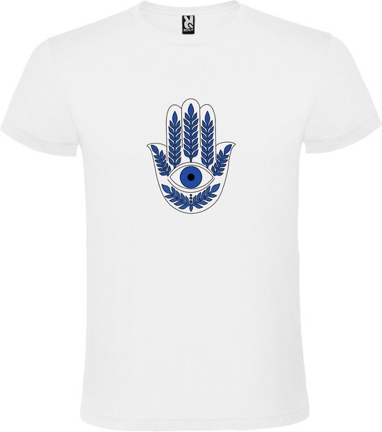 Wit T-shirt met Hamsa Hand in Blauw en Wit size 3XL