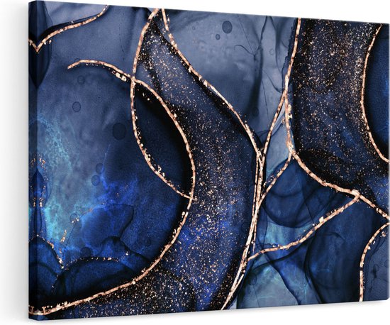 Artaza Canvas Schilderij Abstracte Kunst - Blauwe Marmer met Gouden Patronen - 120x80 - Groot - Foto Op Canvas - Wanddecoratie