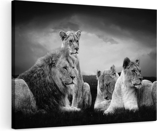 Artaza Canvas Schilderij Leeuwen Familie in Afrika - Leeuw - Zwart Wit - 120x80 - Groot - Foto Op Canvas - Wanddecoratie Woonkamer