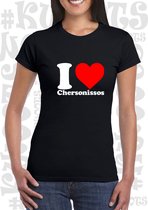 I LOVE CHERSONISSOS damesshirt - Zwart - Maat XS - Slim Fit - Korte mouwen - Ronde hals - Aansluitende zijnaden - Grappige teksten - Leuke shirts - Quotes - Kwoots - Kado - Cadeau