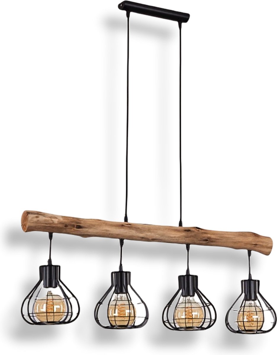 Belanian.nl - Industrieel, vintage hanglamp zwart, donker hout, 4 lichts,Scandinavisch Boho-stijl E27 fitting , modern, retro, Hanglamp voor Eetkamer, slaapkamer, woonkamer