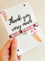 Wenskaart met sieraad - Thank you bedankt kaartje - Verstelbaar armbandje roze Ti Amo ster zilver - Verkleurt niet - In cadeauverpakking - Snel in huis