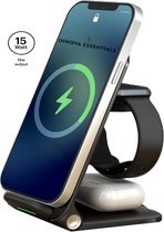 Innova Essentials 3-In-1 Draadloze Oplader - Opvouwbaar - 15W QI snellader - 3-In-1 Wireless charger foldable Quick charger - Dockingstations - Draadloos QI - Apple, Android, Iphone, Airpods, Smartwatch, IWatch, Apple Watch, Earbuds - Vaderdag Cadeau