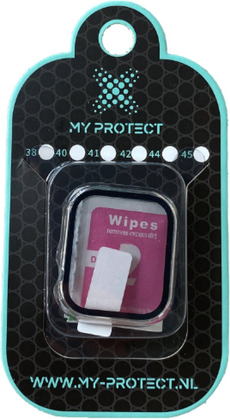 Verpakking van MY PROTECT Apple Watch hoes met screenprotector, maten 38-45mm.