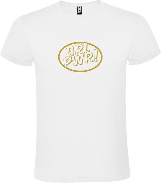 Wit t-shirt met 'Girl Power / GRL PWR' print Goud Maat 4XL