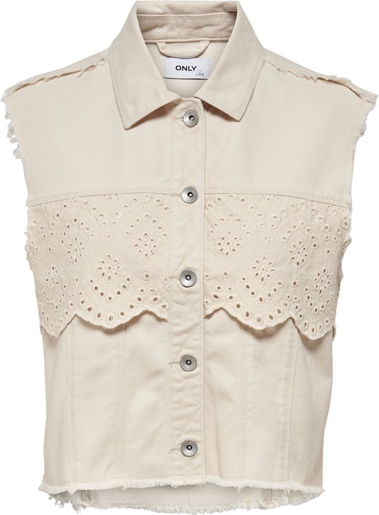 Gilet en jean sans manches rose pâle avec détails brodés et ourlet effiloché.