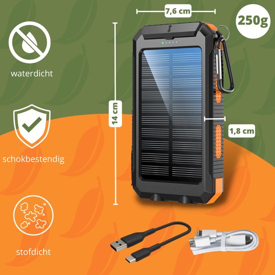 Lucky One® Solar Powerbank met 20000 mAh- Powerbank Zonneenergie - Solar Charger - Outdoor - Oranje