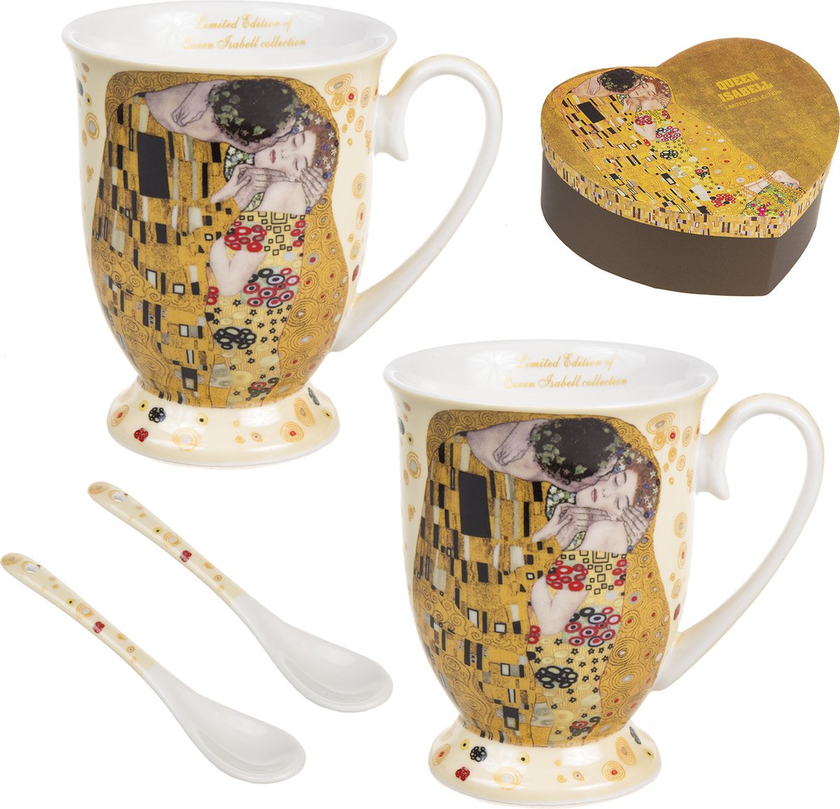Queen Isabell - Koffiemok set met lepel voor twee - The Kiss door Gustav Klimt