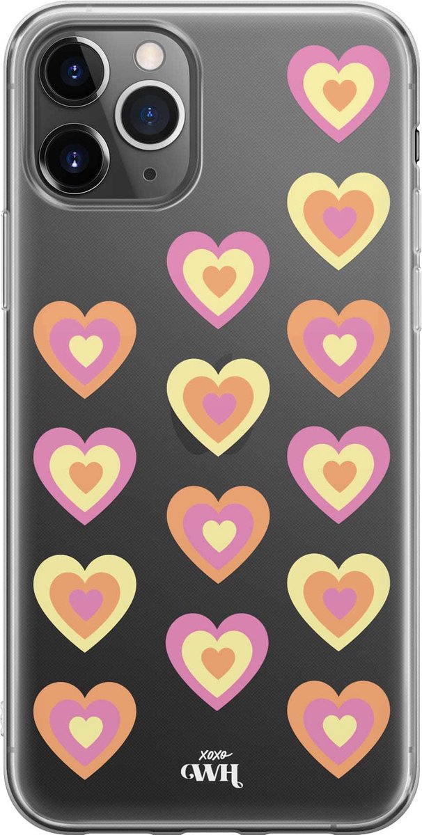 Retro Heart Pastel Pink - iPhone Transparant Case - Transparant siliconen hoesje geschikt voor iPhone 12 Pro hoesje - Shockproof case doorzichtig met hartjes - Hartje beschermhoes