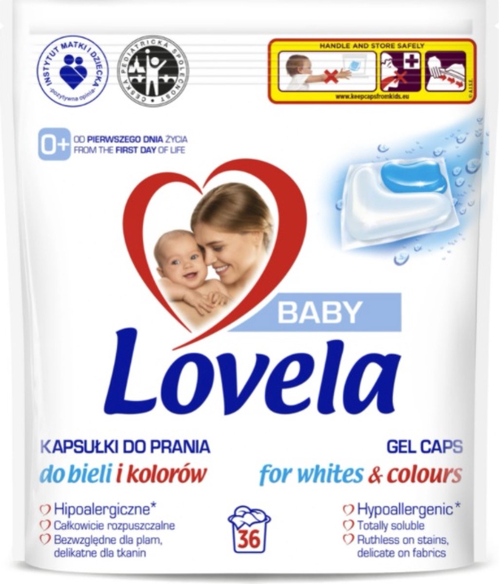 Goedkoopste Lovela Capsules - Hypoallergene wascapsules - Voor het wassen van witte en gekleurde baby- en kinderkleding - 36 stuks