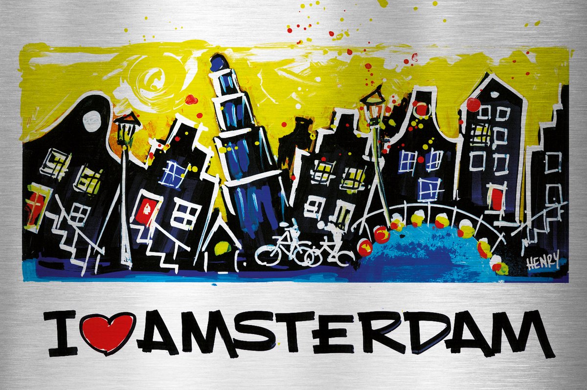 I LOVE AMSTERDAM - uniek sign painted kunstwerk op geborsteld aluminium 60 x 40 cm