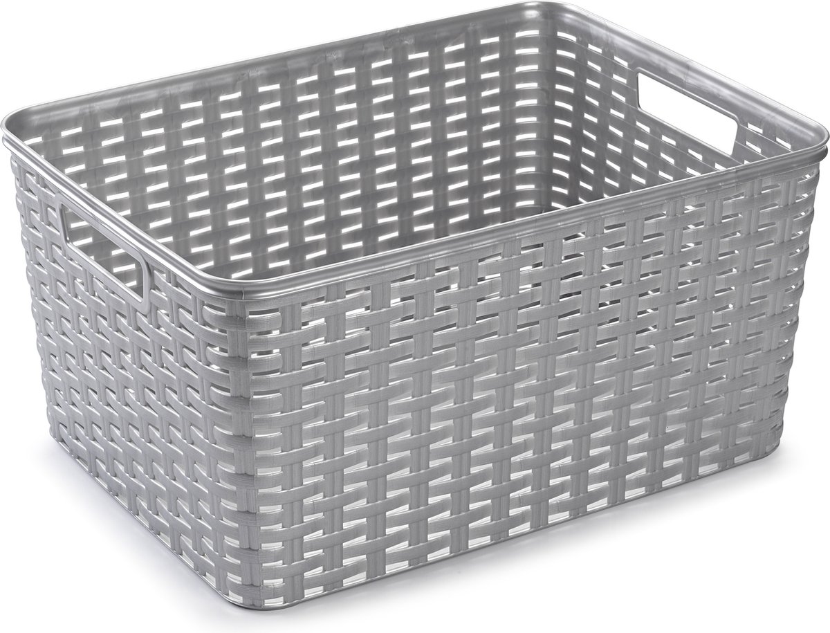 Opbergboxen / opbergmandjes set - 4x stuks - rotan kunststof - zilver - met inhoud 5/10/12/18 liter
