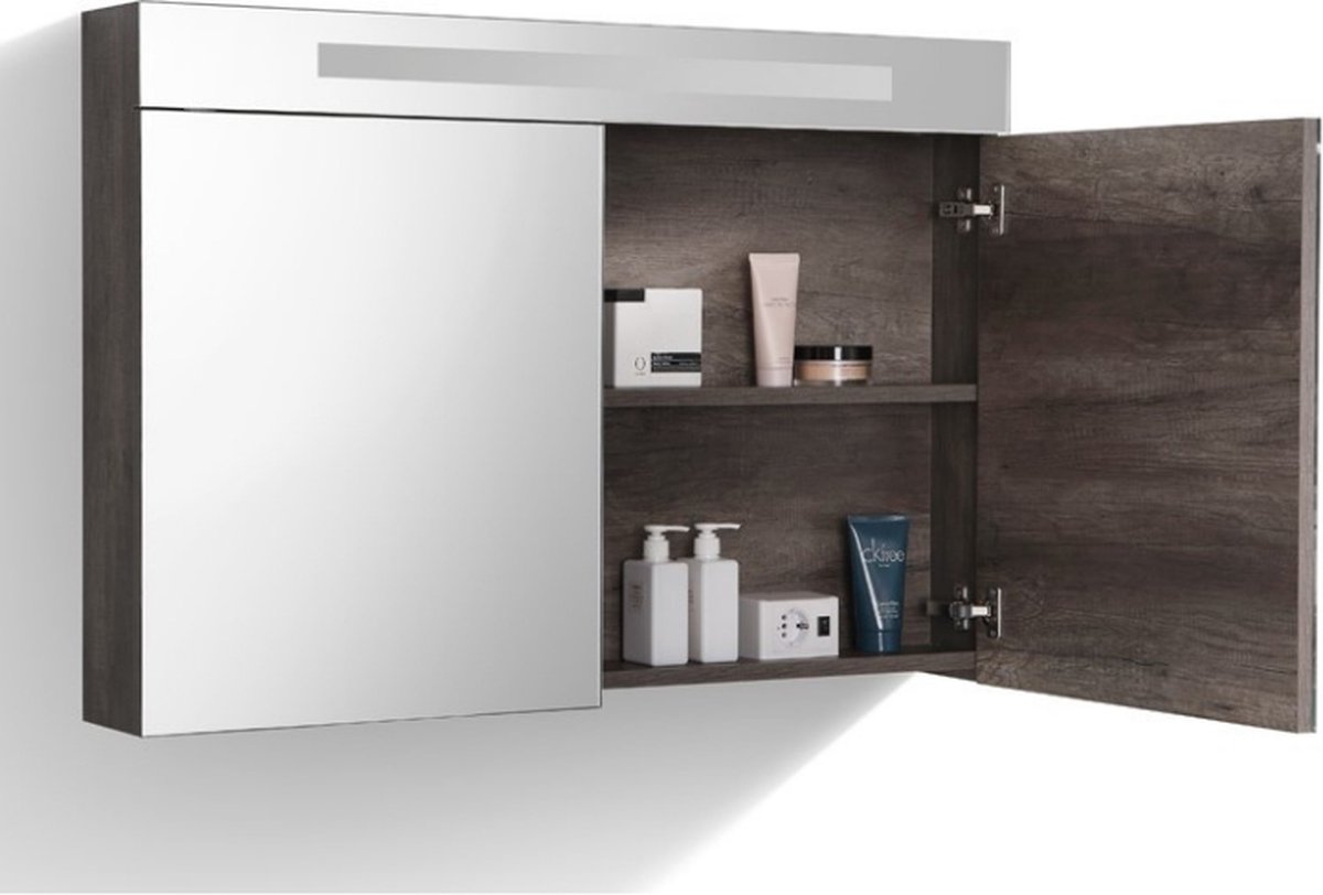 QUALITA-LINE SPIEGELKAST MET LED VERLICHTING INCL. OPBOUW STOPCONTACT SCHAKELAAR 100 (CENTURY OAK)