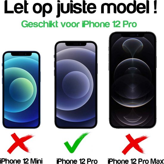 Vergelijking van iPhones: iPhone 12 Mini (rood kruis), iPhone 12 Pro (groen vinkje), iPhone 12 Pro Max (rood kruis).