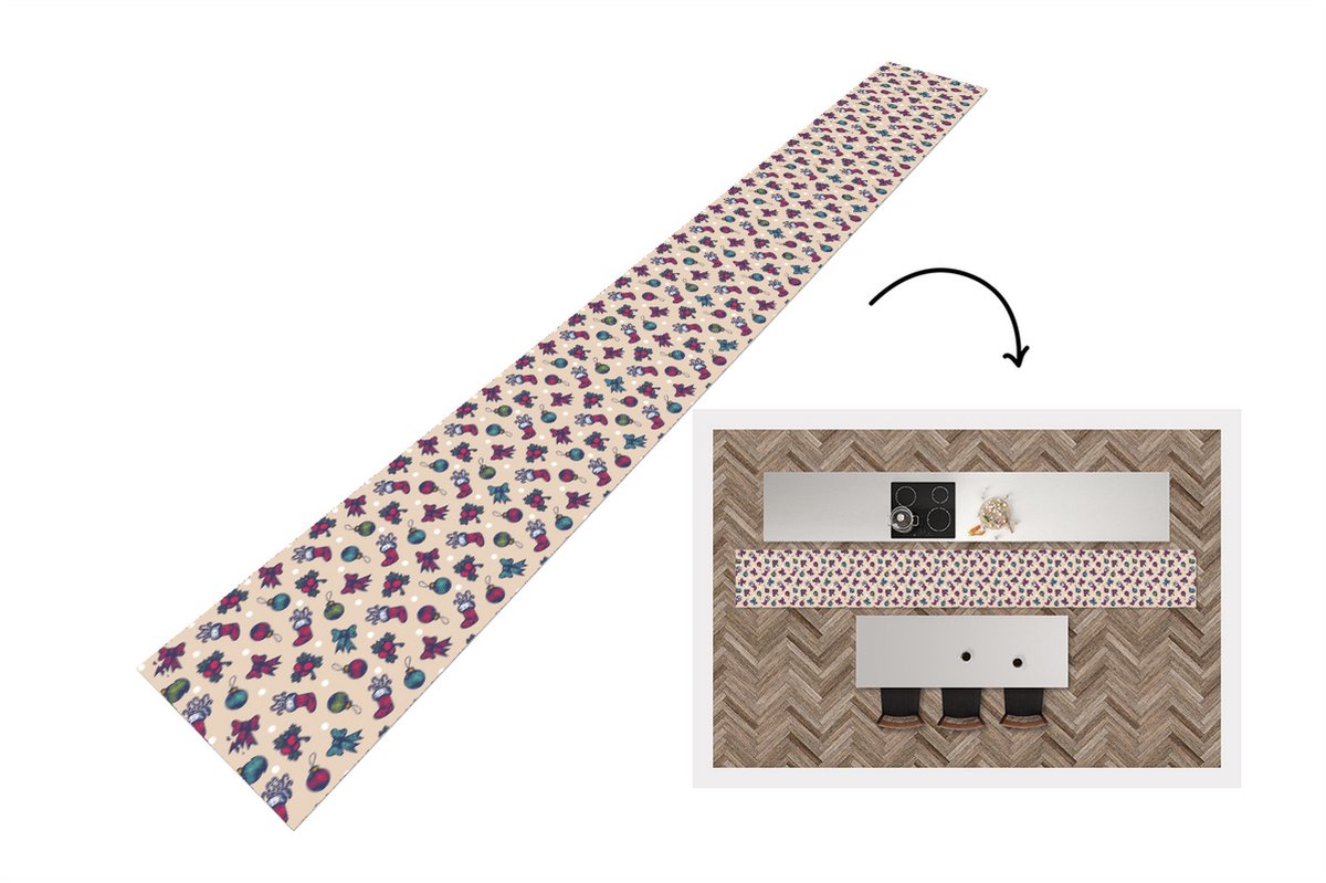KitchenYeah Keukenloper - Keukenmat - Patronen - Kerst - Kerstballen - Strik - 400x50 cm - Keuken vloerkleed Multicolor