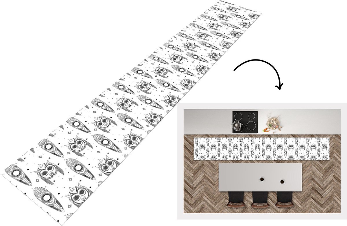 KitchenYeah Keukenloper - Keukenmat - Maya - Maskers - Zwart-Wit - Patroon - Keuken vloerkleed Zwart; Wit