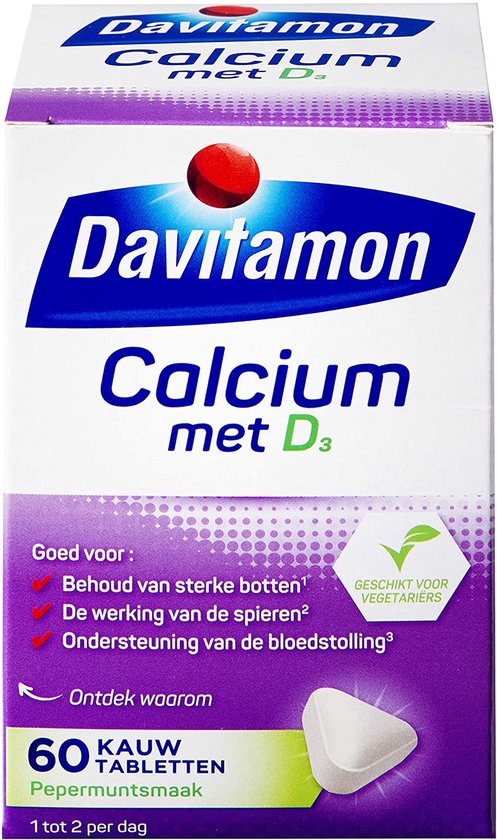 Doos met Davitamon Calcium met D3 kauwtabletten, 60 stuks, pepermunt smaak. Paars met witte letters.