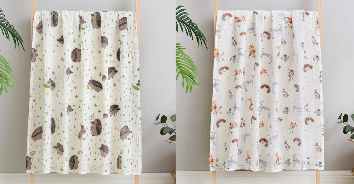 Goedkoopste Set van 2 | Hydrofiele doeken XL - 120x120 cm - Inbakerdoek - Egels - Swaddle doek groot - Hydrofiele luier