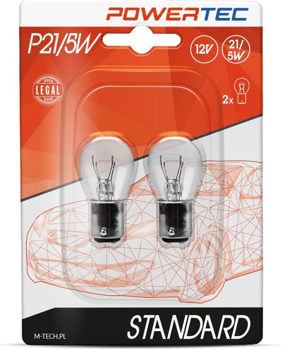 Verpakking met twee Powertec P21/5W 12V gloeilampen met metalen voet.