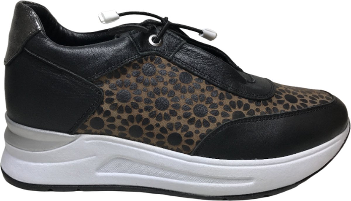 Manlisa Mt 40 lederen bloemenprint comfort sneakers S247-2264 zwart