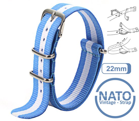 22mm Nato Strap Blauw met Witte streep - Vintage James Bond - Nato Strap collectie - Mannen - Horlogebanden - Blue White Wit - 22 mm bandbreedte voor oa. Seiko Rolex Omega Casio en Citizen