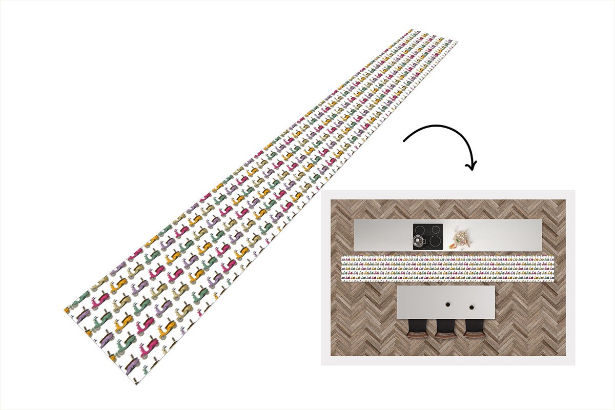 KitchenYeah Keukenloper - Keukenmat - Patroon - Tiener - Scooter - Reizen - 480x60 cm - Keuken vloerkleed Multicolor