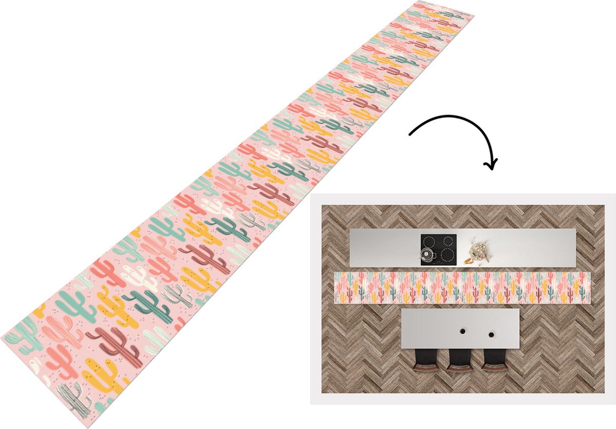 KitchenYeah Keukenloper - Keukenmat - Cactus - Patronen - Roze - 480x60 cm - Keuken vloerkleed Multicolor