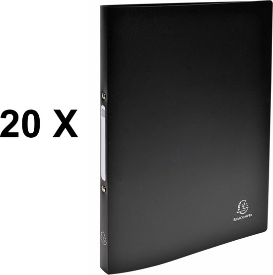 Classeur Exacompta noir A4 avec 2 anneaux en D et logo '20 X' en arrière-plan.