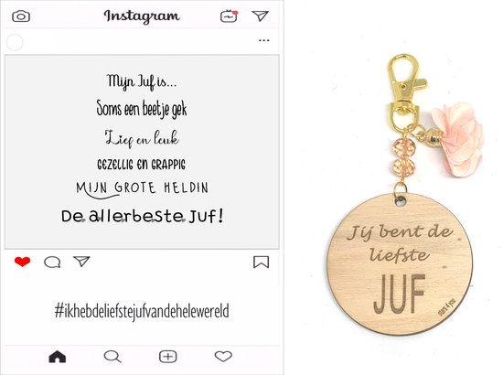 Sleutelhanger en kaartje JUF | roze | instagram | jij bent de liefste | liefste juf | topjuf | einde schooljaar | cadeau