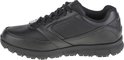 Zwarte Skechers veterschoen, zijaanzicht, met S-logo en slipbestendige zool.