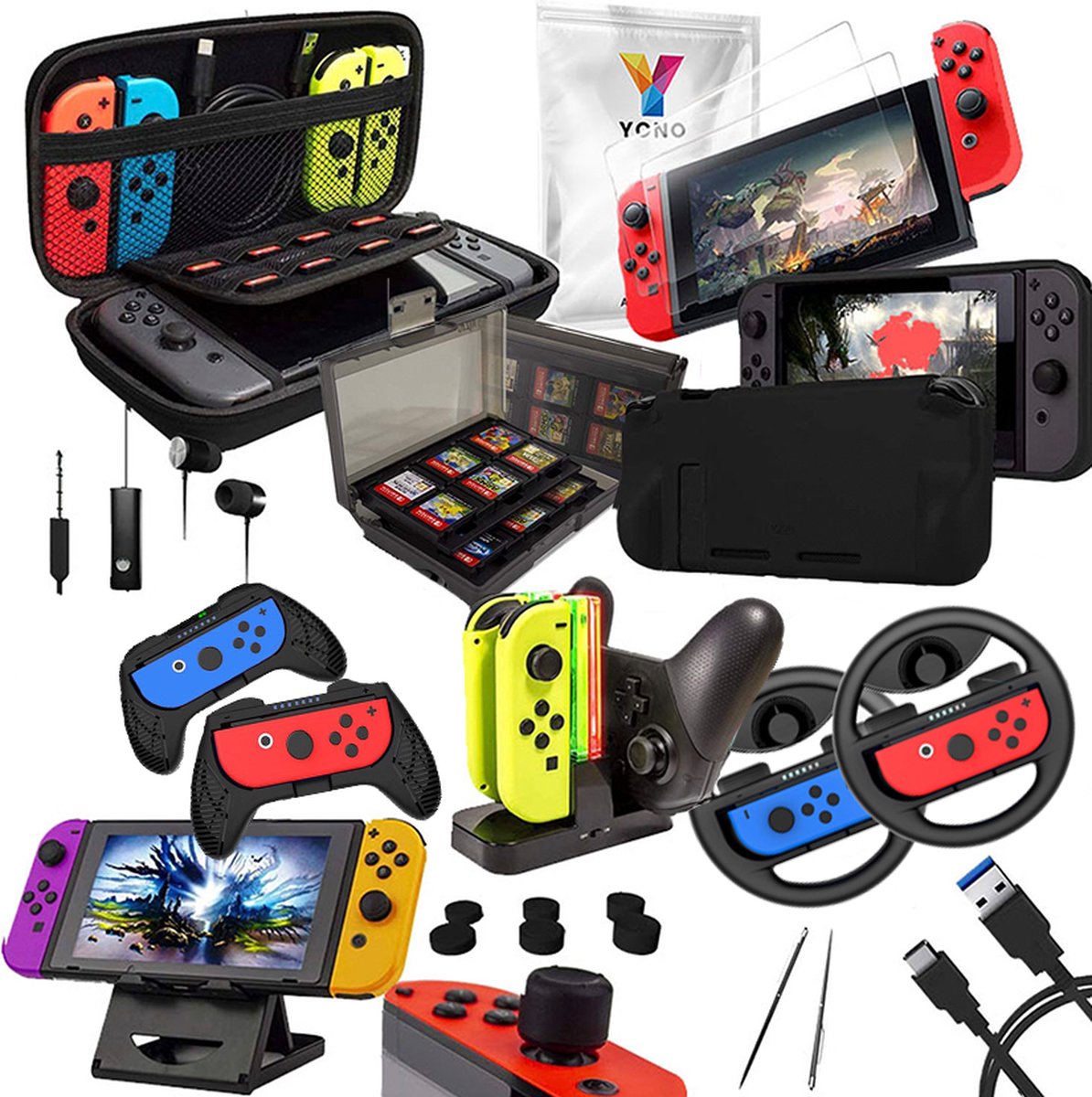 YONO Accessoires Set geschikt voor Nintendo Switch – Beschermhoes – Oplader – Standaard – Grip geschikt voor Joy-Con – Game Card Case – 20in1 - YONO