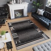 Tapiso Scarlet Deluxe Vloerkleed Grijs Zwart Kader Modern Woonkamer Slaapkamer Tapijt Maat- 200x300