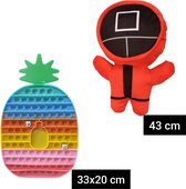 Octopus Spel Knuffel - 43 CM Vierkant + Pop It XXL 33x20 CM Ananas ( met Dubbelstenen) Regenboog Set