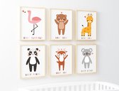 Happy Walls Set van 6 Diertjes Babykamer Posters - A4 20x30cm - Baby cadeau Jongen en Meisje - Wanddecoratie kinderkamer 1 jaar - 2 jaar - 3 jaar - 4 jaar - 5 jaar - 6 jaar - 7 jaa