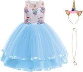 URBANKR8 - Eenhoorn jurk unicorn jurk - carnavalskleding- carnaval -eenhoorn kostuum - Blauw Classic 130 prinsessen jurk verkleedjurk met haarband en unicorn ketting
