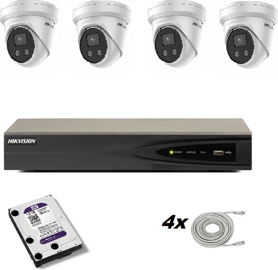 Hikvision AcuSense technology - DS-7604NI-K1/4P PoE 1TB HDD  + 4x DS-2CD2346G2-I 4MP - Audio Security - Complete set