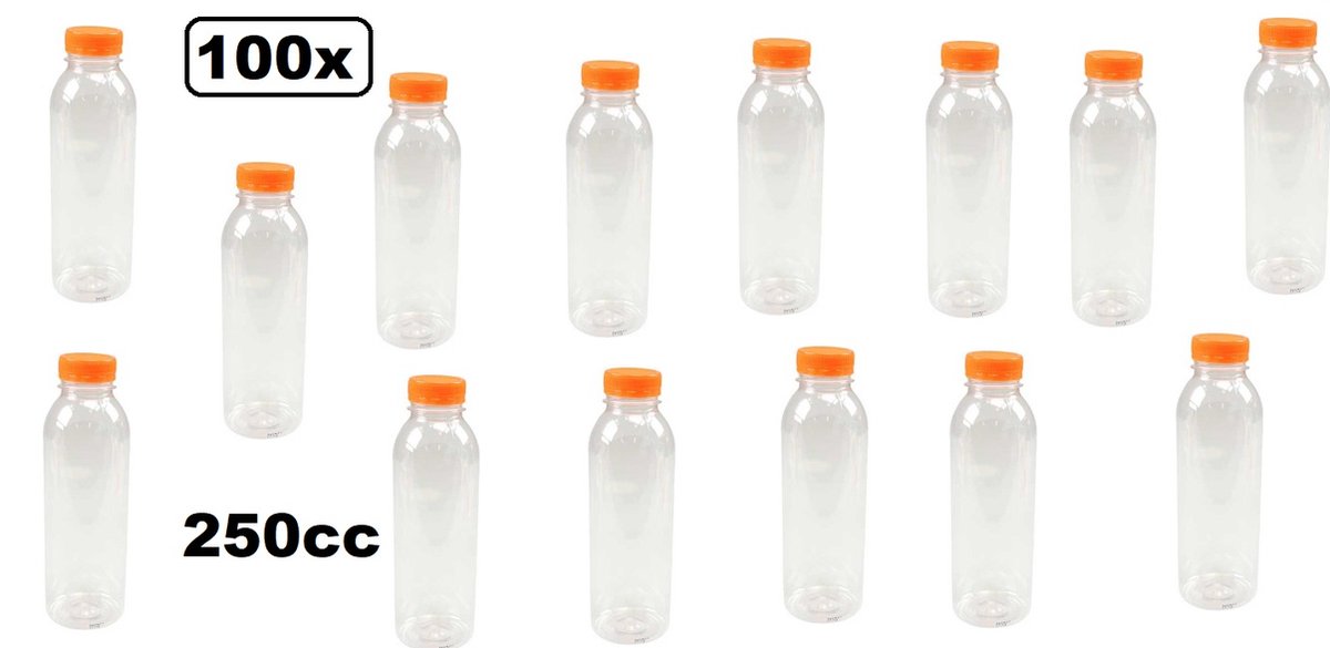100x Flesje helder 250cc met oranje dop - drink fles vruchten sap limonade drank