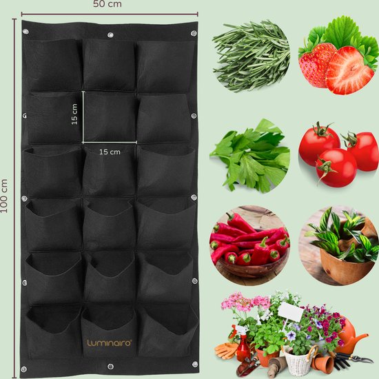 Zwarte verticale plantenbak van 100x50cm met 18 vakken van 15x15cm, naast afbeeldingen van kruiden en fruit.