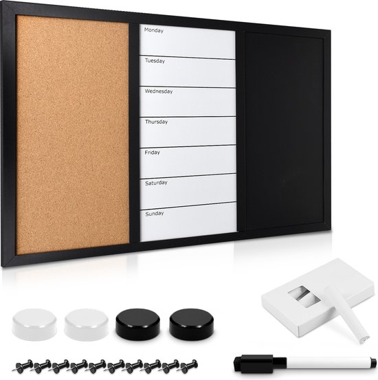 Navaris weekplanner - Prikbord whiteboard en krijtbord in één - Magnetisch planbord - 60 x 40 cm - Met krijt marker magneten en punaises