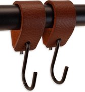 Brute Strength - Leren S-haak hangers - Cognac - 2 stuks - 12,5 x 2,5 cm – Zwart zilver – Leer - handdoekhaakjes - Ophanghaken – kapstokhaak