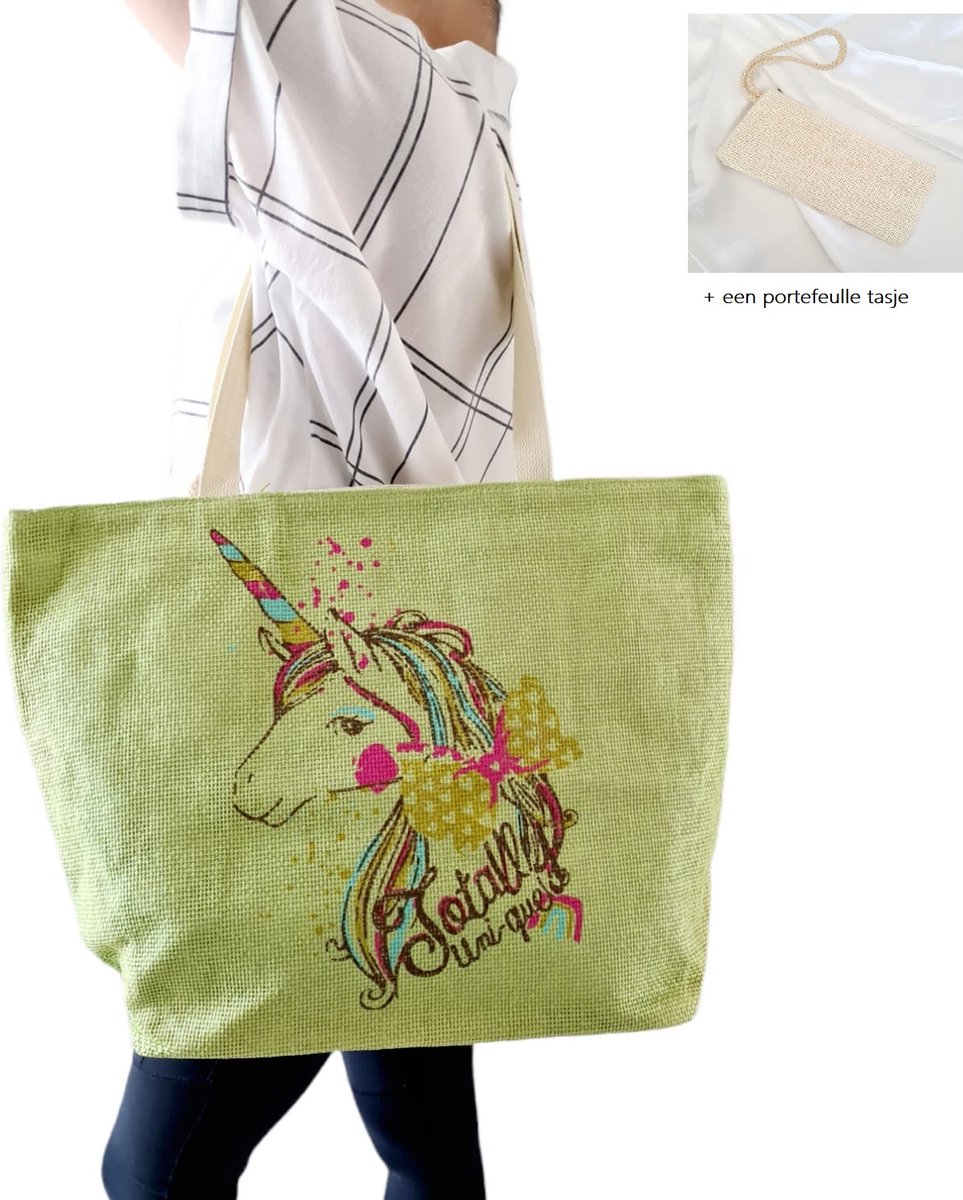 Shopper tas Groen - Strandtas met ritssluiting- Extra Binnentasje/portefeuille- Weekendtas - Zomer| Strand| Vakantie| Winkelen