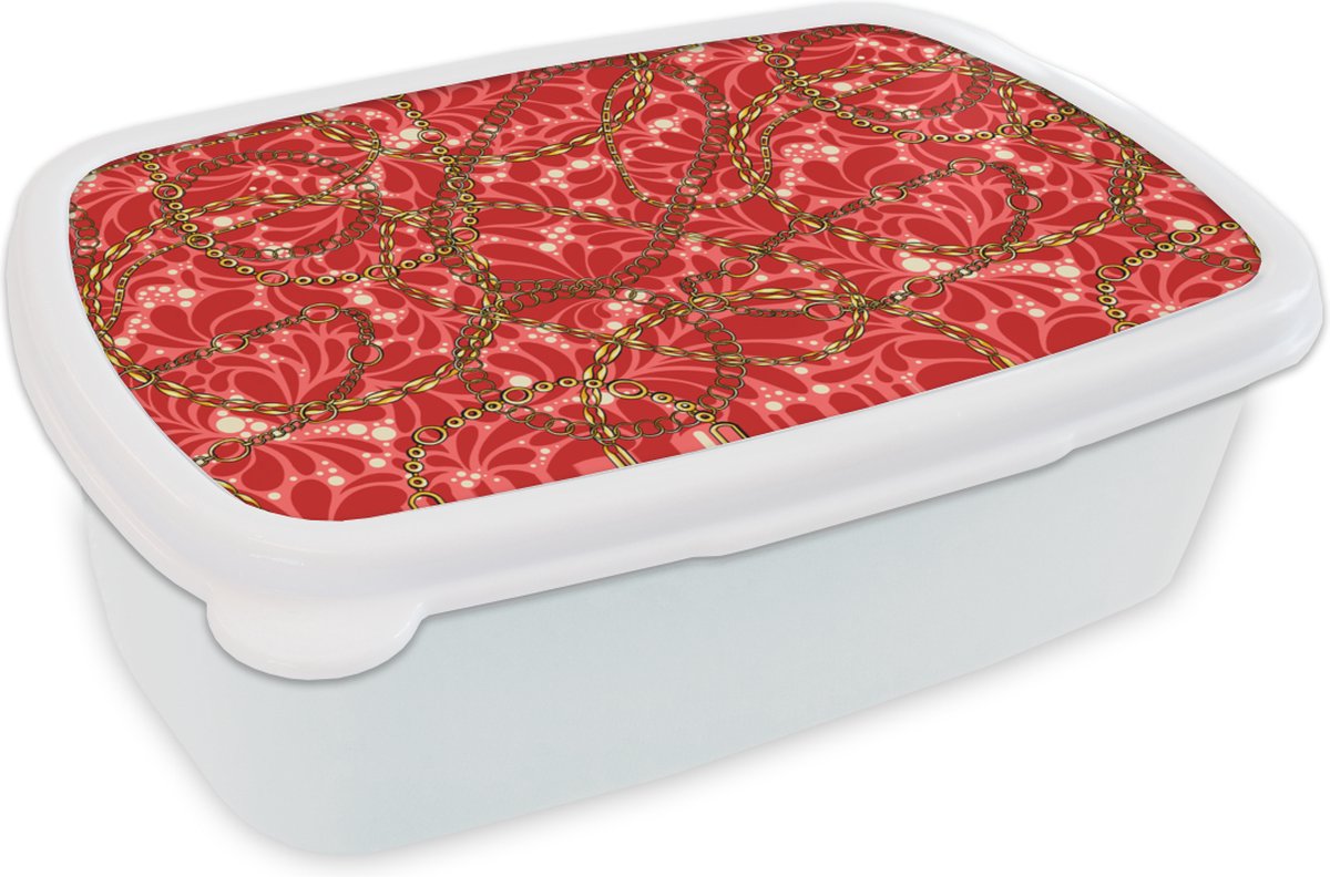 Broodtrommel Wit - Lunchbox - Brooddoos - Patronen - Goud - Ketting - Rood - 18x12x6 cm - Volwassenen