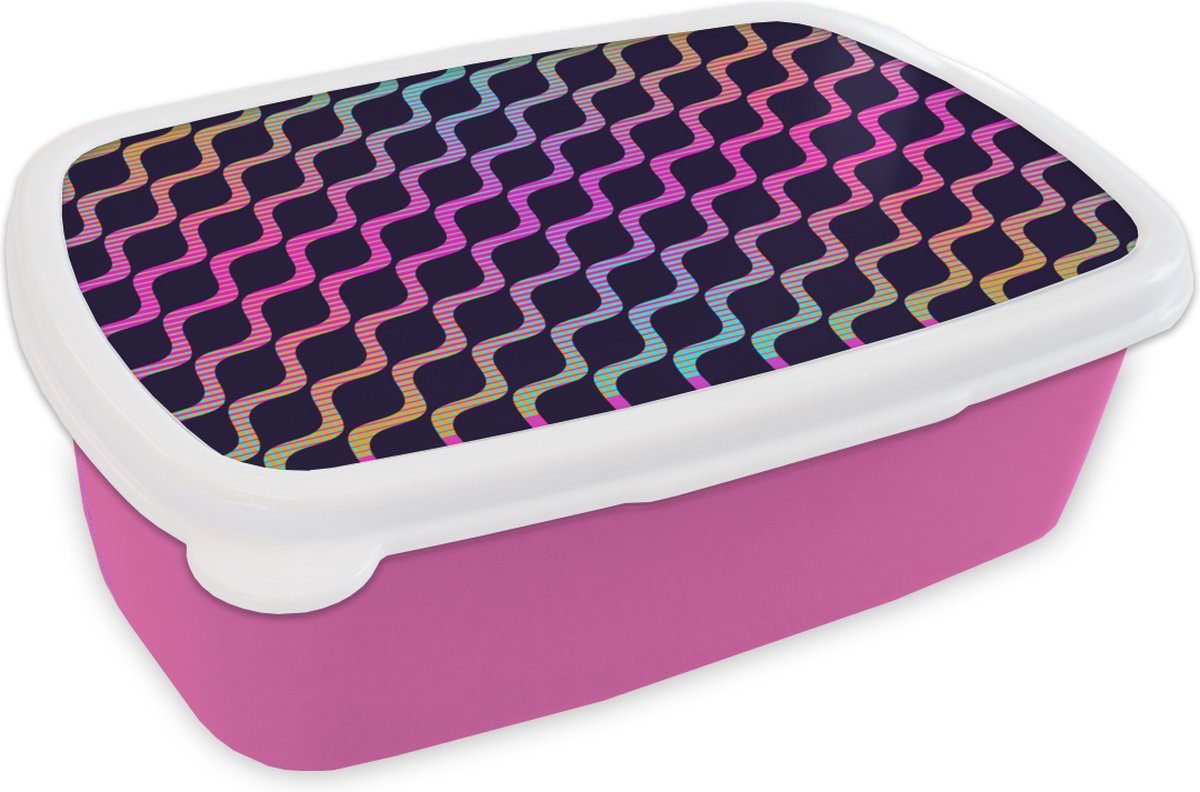 Broodtrommel Roze - Lunchbox - Brooddoos - Design - Abstract - Neon - 18x12x6 cm - Kinderen - Meisje