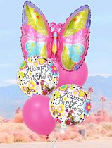 7 delig folieballonpakket met grote Vlinder en Happy Birthday ballonnen