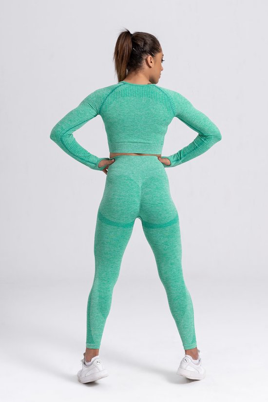 Legging et haut de sport Mives® - Yoga - Ensemble de Fitness - Scrunch Butt - Legging pour femme - Fashion de Vêtements de sport - Leggings tendance - Pantalons - Sports de gym - Legging Fitness Wear - Taille haute - VERT - Taille L - MANCHES LONGUES
